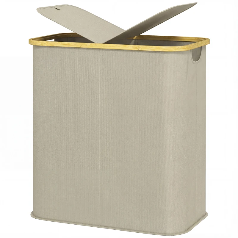 HOMCOM Cesto de roupa duplo dobrável 80 L cesto de roupa suja com tampa, alças ranhuradas, bege