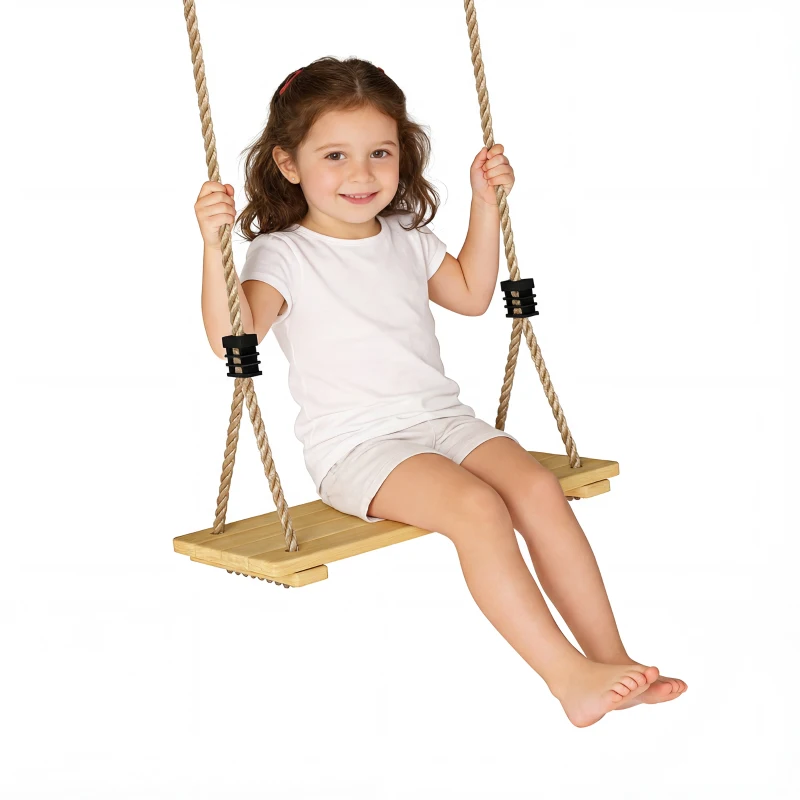 AIYAPLAY Wooden Swing Seat, Kids Swing Set with Adjustable Rope and Tree Straps, Outdoor Playground Playset for Kids