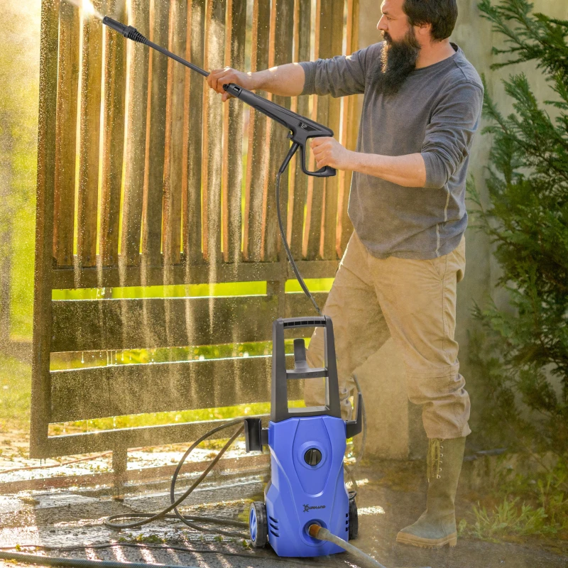 DURHAND Nettoyeur Haute Pression 1600W, Débit 432 L/h, Pompe en Aluminium 130 Bars, Tuyau 6m, Flacon de Savon, Bleu