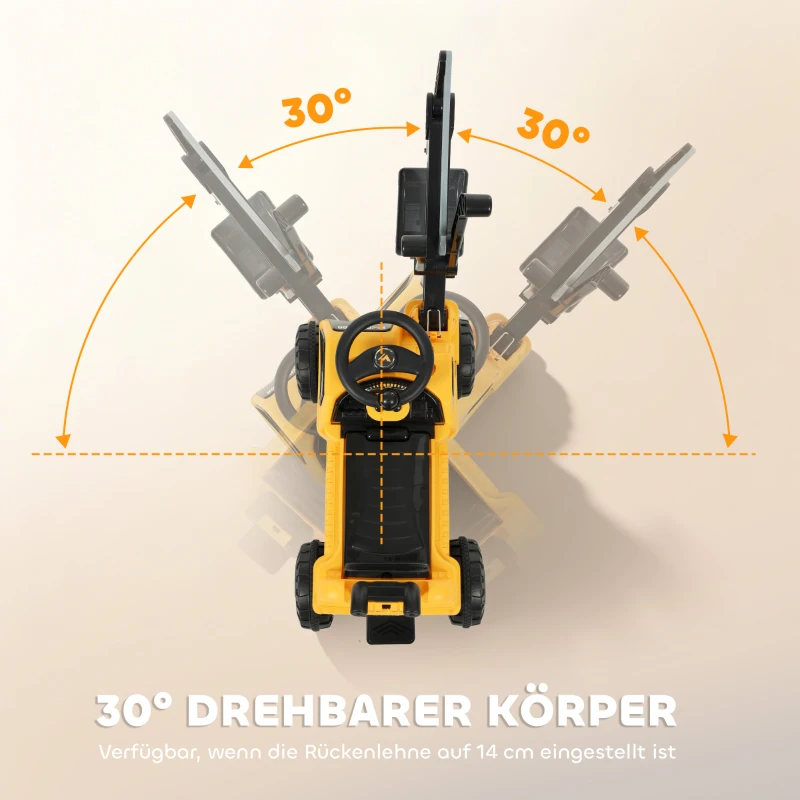 AIYAPLAY Zitbagger Opzitbagger met Schep en Stuur, Draaibare Carrosserie, Verstelbare Rugleuning voor kinderen 1,5-3 jaar Geel