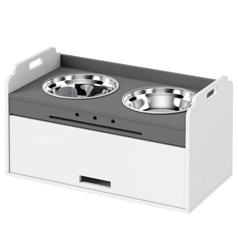 PawHut Verhoogde hondenvoerbak met opbergkast, 2 kommen met anti-slipringen, 60 x 30 x 35,5 cm, wit