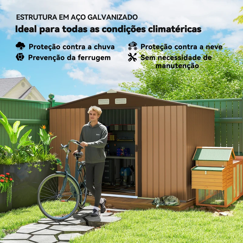 Outsunny Abrigo de Jardim Exterior 4,83m² 277x195x192cm Abrigo e Jardim Metálico para Armazenamento de Ferramentas com Base Incluída e 4 Janelas Marrom