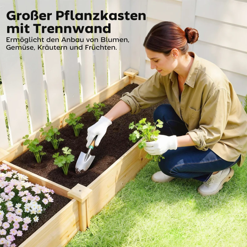 Outsunny Houten hoogbed, plantenbak met scheidingswand en open bodem, tuinbed 235 x 66 x 26 cm natuurlijk hout