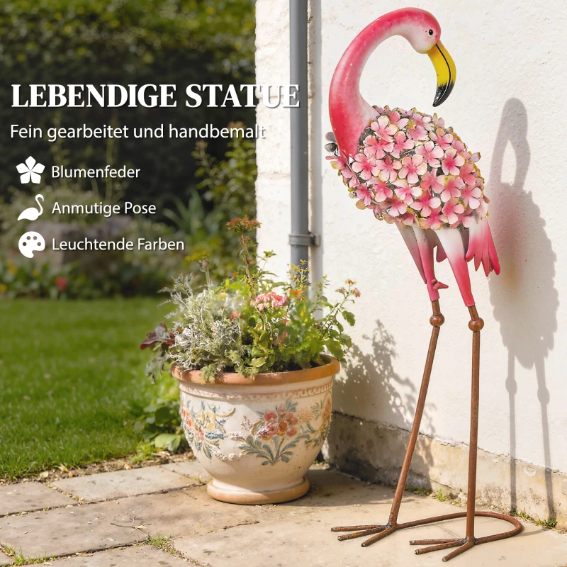 Outsunny Flamingo tuinstatuetten set van 2, bloemige veren metalen vogels, staande sculpturen met grondankers, rood