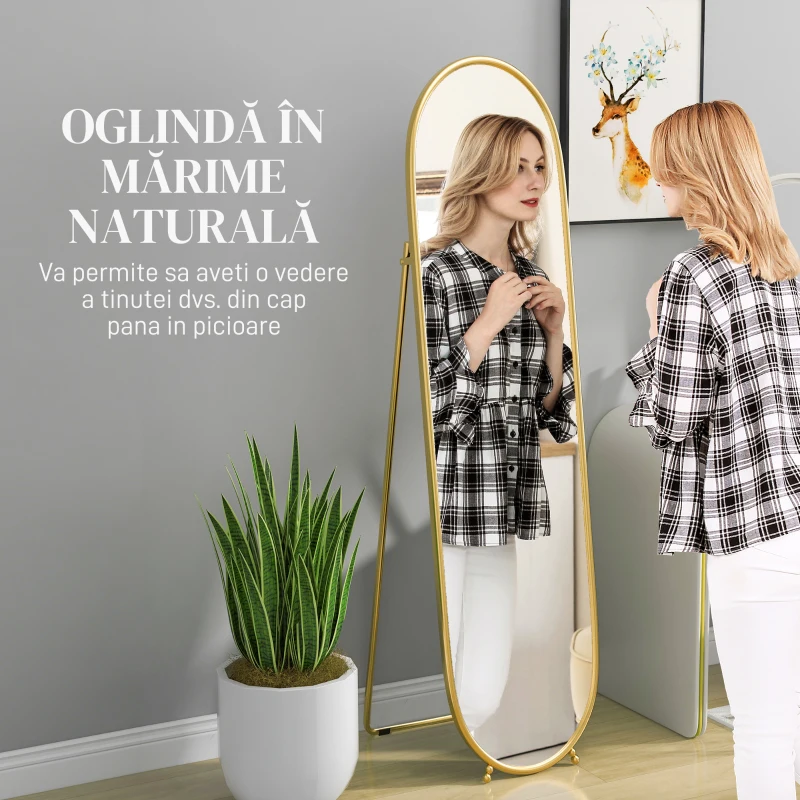HOMCOM Oglindă Înaltă cu Cadru de Susținere, Oglindă Ovală pentru Dormitor sau Living, 40x4x160 cm, Auriu