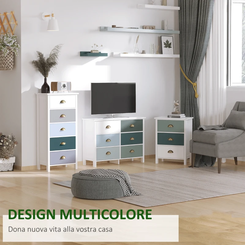 HOMCOM Mobile Cassettiera con 5 Cassetti Colorati, Comò Alto e Salvaspazio, Multicolore Blu