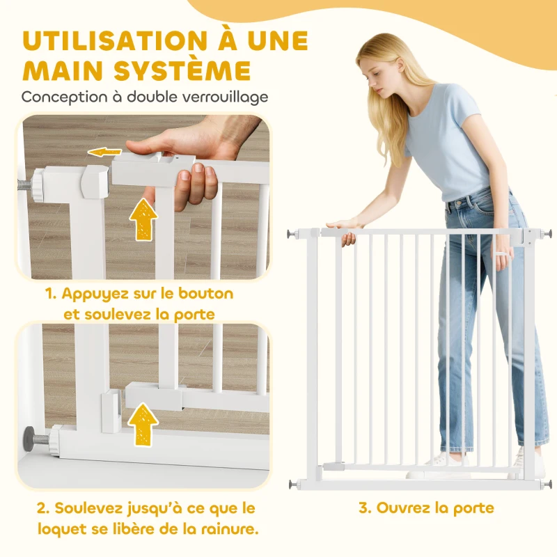 PawHut Barrière de sécurité pour chiens et bébés 76 à 80 cm avec extension fixation par pression sans perçage 76 à 80cm blanc