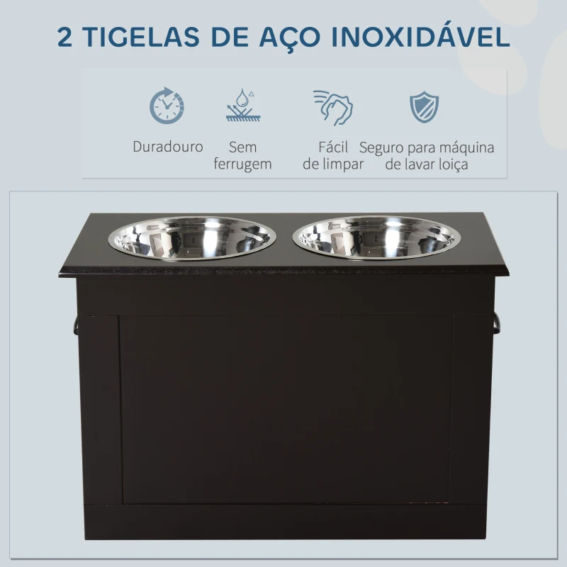 PawHut Comedouro Elevado para Cães com 2 Tigelas de Aço Inoxidável e Espaço de Armazenamento Oculto 60x30x41 cm Castanho Escuro