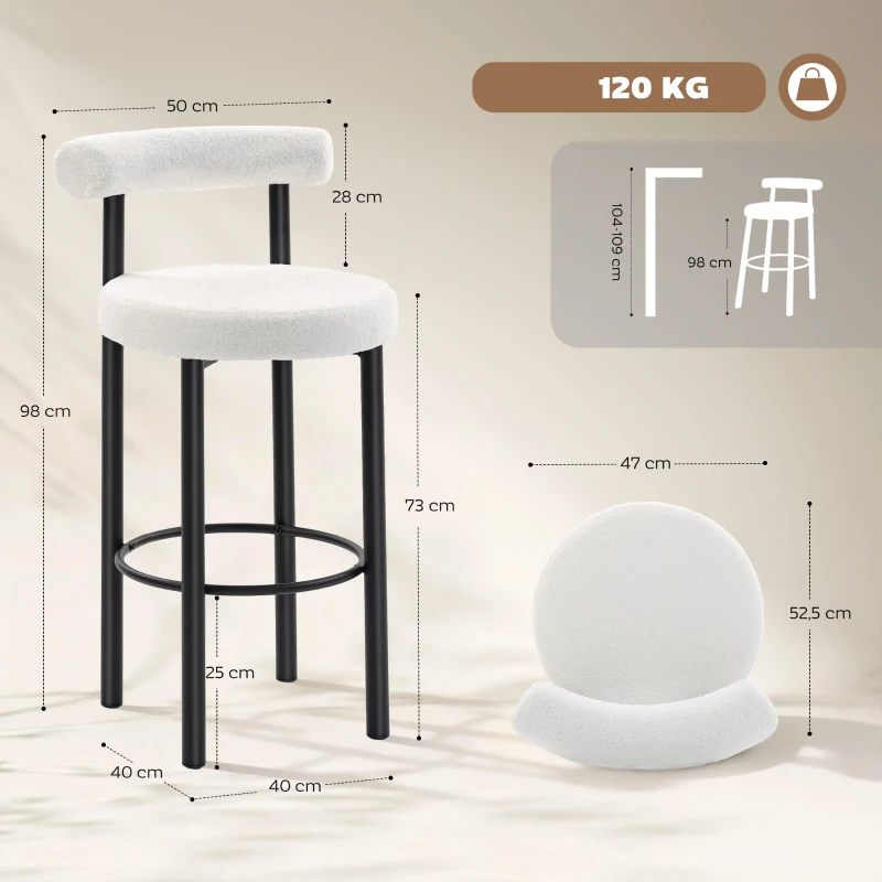 HOMCOM Lote de 2 taburetes de bar, sillas de bar en tejido bouclé con respaldo curvado, reposapiés, 50x52,5x98cm, crema