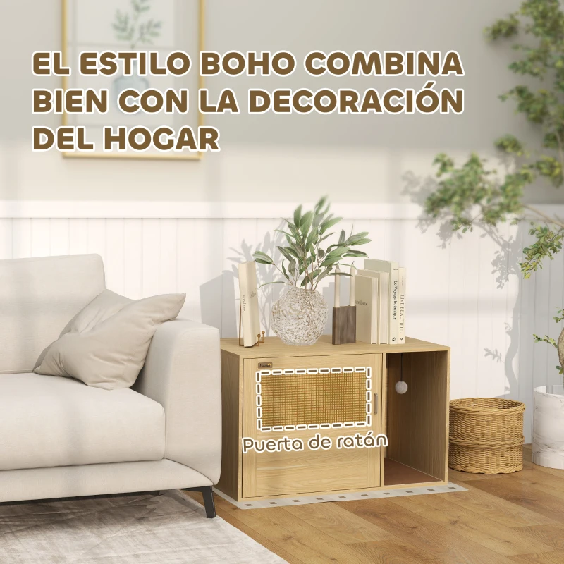 PawHut Mueble Arenero para Gatos Caja de Arena para Gatos con Almohadilla para Rascar y Puerta de Ratán 80x50x50 cm Roble