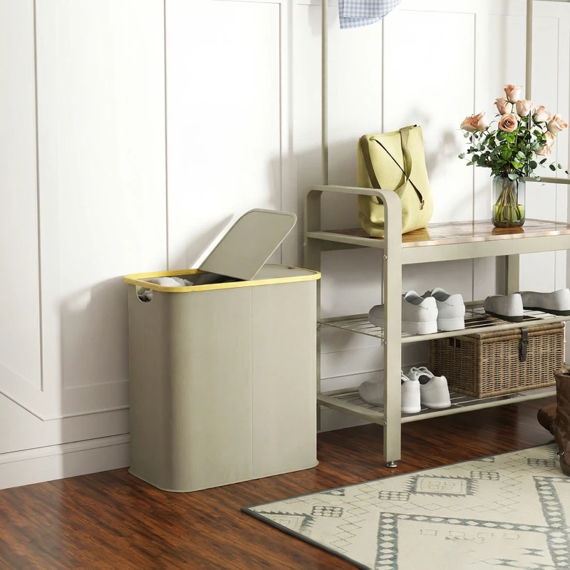 HOMCOM Cesto porta biancheria doppio pieghevole 80 L, con coperchio, maniglie scanalate, beige