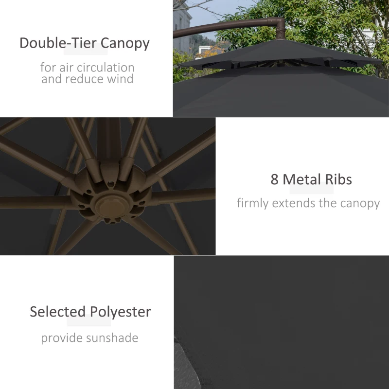 Outsunny 2.7m Garden Banana Parasol Cantilever Umbrella with Crank Handle, Double Tier Canopy and Cross Base for Outdoor, Hanging Sun Shade, Black(m-6)