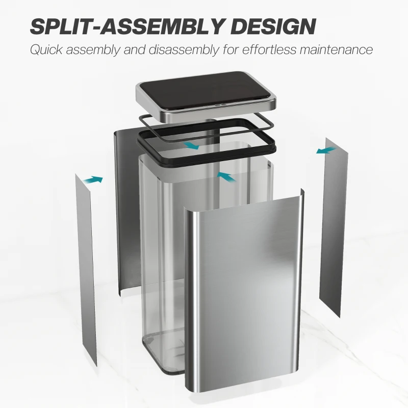 HOMCOM Lixeira Sensor 50 L Aço Inox Lixeira Automática com Tampa Soft-Close Sensor de Movimento 35,5x26x67 cm Prata