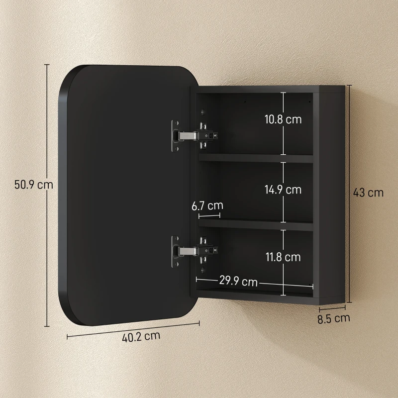HOMCOM Armadietto bagno con specchio e ripiano regolabile, 40,2x10,2x50,9 cm, Nero