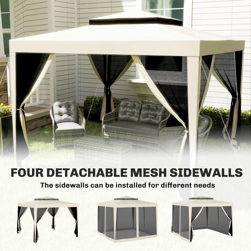 Outsunny 3 x 3 m Gazebo, Netting Party Tent, Patio Canopy Outdoor Event Shelter with Double Tier Roof, Beige