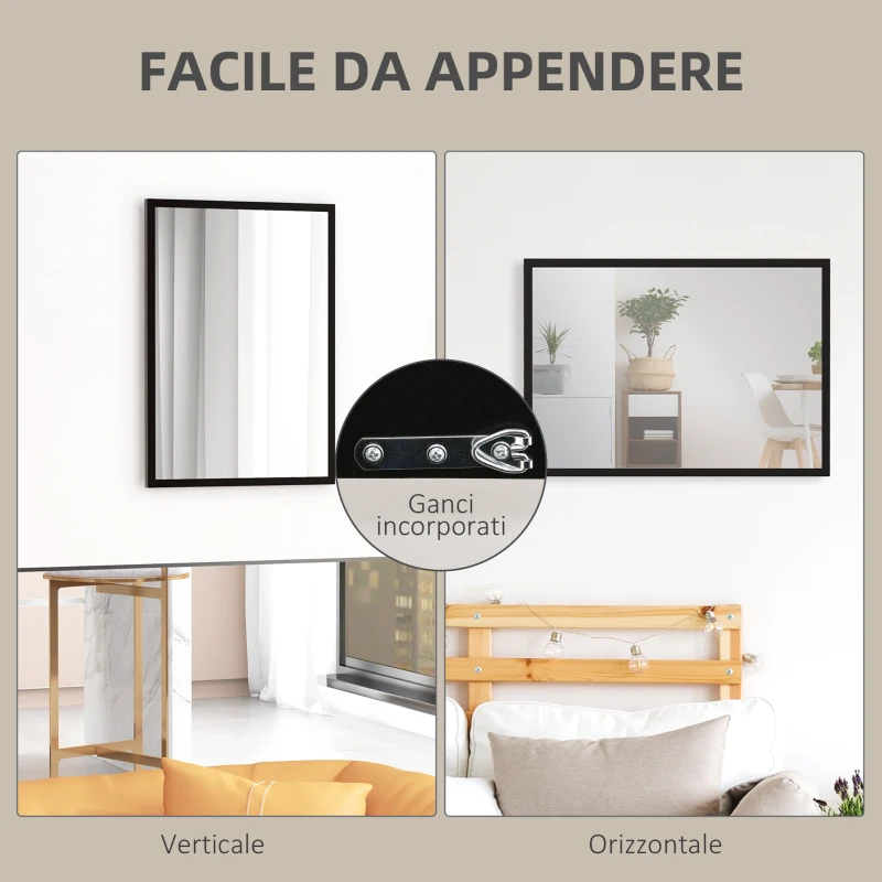 HOMCOM Specchio da Parete Rettangolare con Ganci, in Vetro e MDF, 50x70 cm, Nero