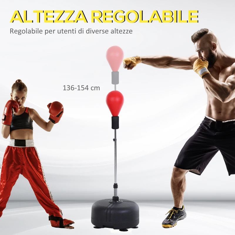 HOMCOM Punching Ball ad Altezza Regolabile con Guanti Boxe, in Acciaio, Finta Pelle e PE, Ø48x136-154 cm, Nero e Rosso