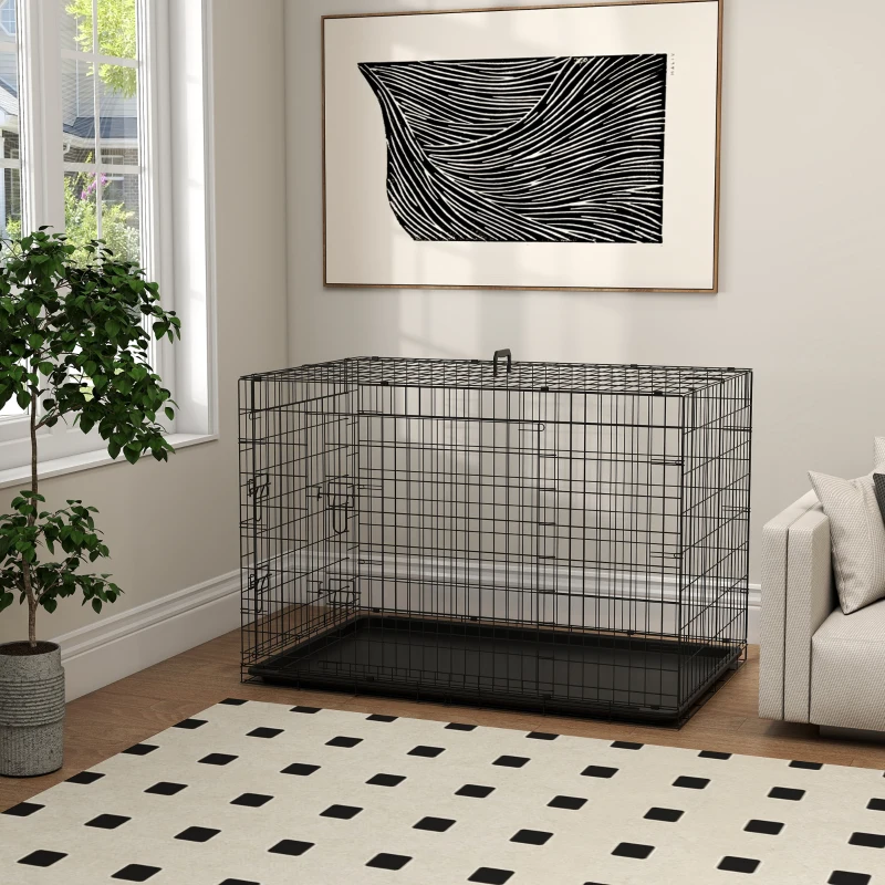 PawHut Jaula para Perros Plegable Transportín para Perros con 2 Puertas Bandeja Extraíble y Asa 121x76,5x81 cm Negro