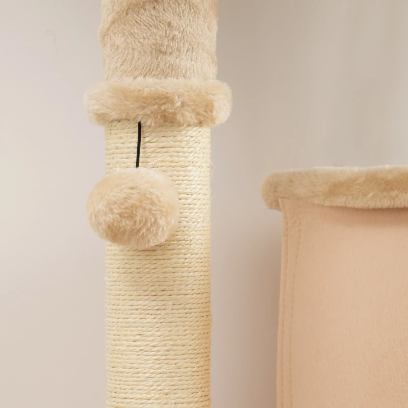 PawHut Albero per Gatti Multilivello Alto 132 cm con Casetta, Lettino, Pali Tiragraffi, Spazzola e Pallina, Beige