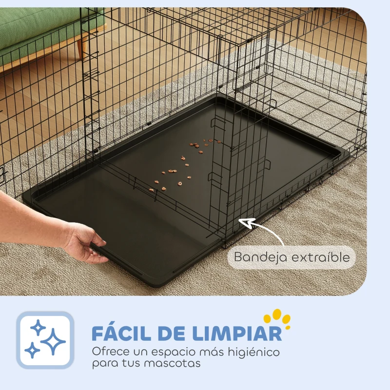 PawHut Jaula para Perros Plegable Transportín para Perros con 2 Puertas Bandeja Extraíble y Asa 121x76,5x81 cm Negro