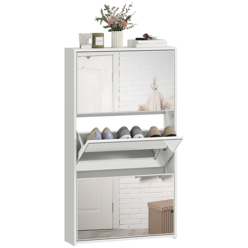 HOMCOM Scarpiera a Specchio con 3 Cassetti a Ribalta per 9 Paia di Scarpe, in Legno, 65x17x114.5 cm, Bianco