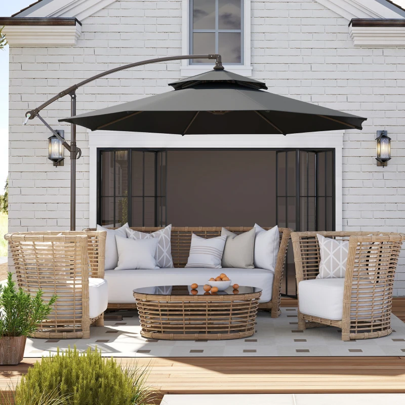 Outsunny 2.7m Garden Banana Parasol Cantilever Umbrella with Crank Handle, Double Tier Canopy and Cross Base for Outdoor, Hanging Sun Shade, Black(m-8)