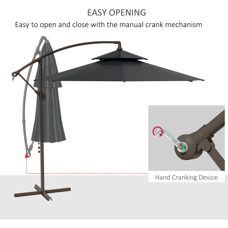 Outsunny 2.7m Garden Banana Parasol Cantilever Umbrella with Crank Handle, Double Tier Canopy and Cross Base for Outdoor, Hanging Sun Shade, Black(m-4)