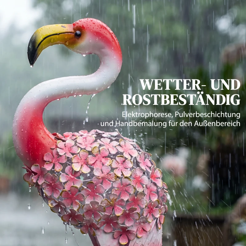 Outsunny Flamingo tuinstatuetten set van 2, bloemige veren metalen vogels, staande sculpturen met grondankers, rood