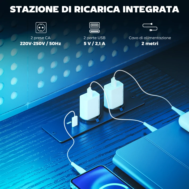 HOMCOM Scrivania Gaming con Spazi Portaoggetti e 2 Supporti per Monitor, in Legno e Acciaio, 165x80x91.5 cm, Nero