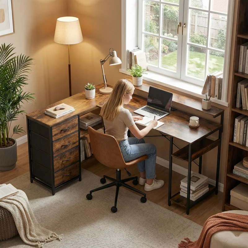 HOMCOM Bureau Gaming en L Bureau avec prise électrique Éclairage LED 4 tiroirs Support d'écran 155x110x91,4 cm Brun