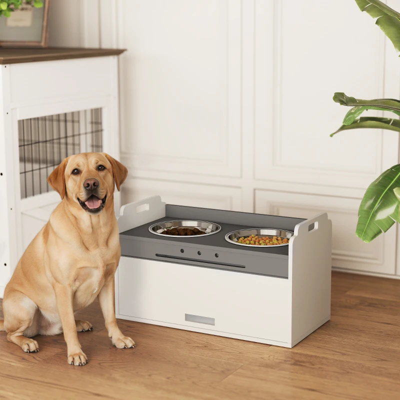 PawHut Verhoogde hondenvoerbak met opbergkast, 2 kommen met anti-slipringen, 60 x 30 x 35,5 cm, wit