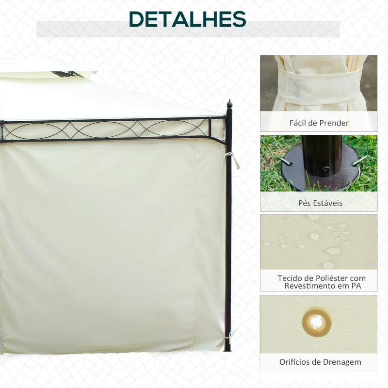 Outsunny Pérgola de Jardim 4x3 m com Telhado Duplo 4 Cortinas Estrutura de Aço 8 Orifícios de Drenagem Anti-UV Creme