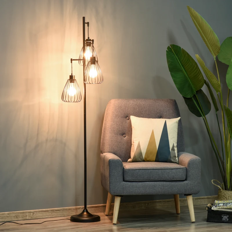 HOMCOM Lampada da Terra Vintage Industriale in Metallo Nero, Lampada a Piantana da Terra Moderna Ф35 x 170cm