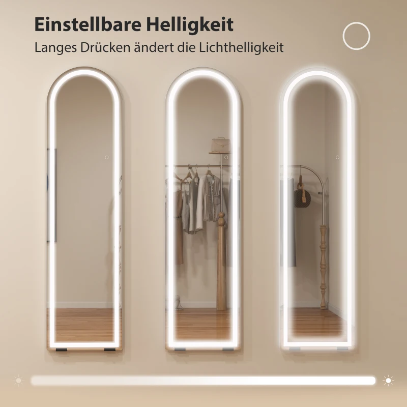 HOMCOM Ganzkörperspiegel mit LED-Lichtern, 150 x 40 cm, bogenförmig, dimmbar, 3 Lichtfarben, freistehend oder Wandmontage, Weiß