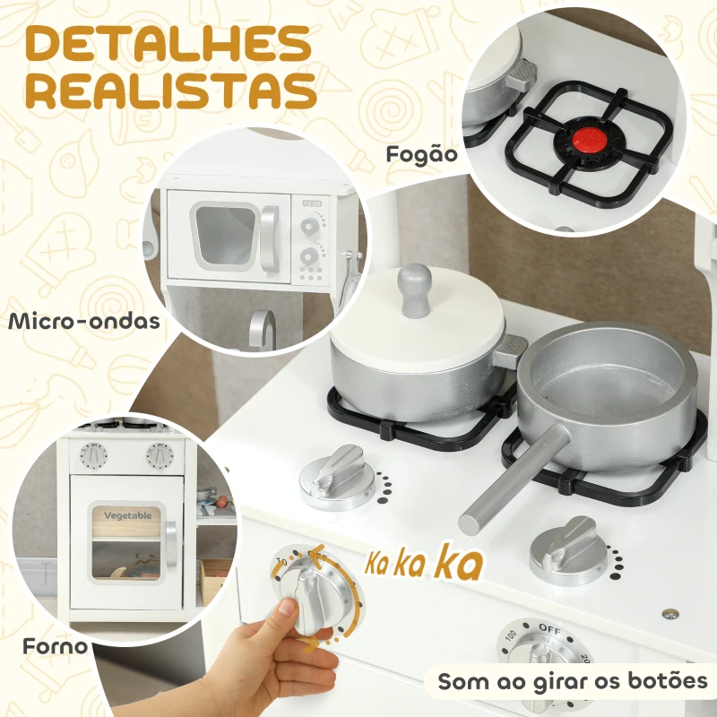 AIYAPLAY Cozinha de Brincar em Madeira com Som Acessórios Lava-Loiças Micro-Ondas e Fogão 55x24x86 cm Branco