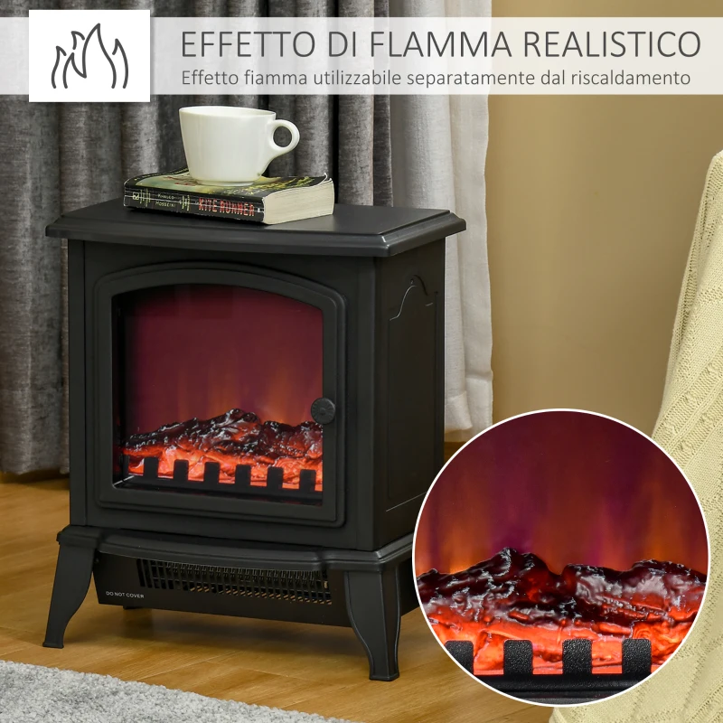HOMCOM Camino Elettrico Portatile 1000W/2000W con Effetto Fiamma, in ABS e Vetro Temperato, 36.5x24x45.5 cm, Nero