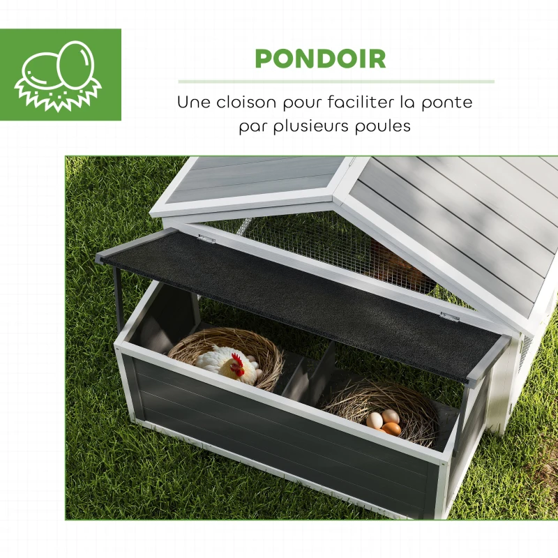 PawHut Poulailler pour poules cage à poule avec nichoir porte et toit ouvrable pour 4 et 8 poules 240 x 112,5 x 76 cm blanc