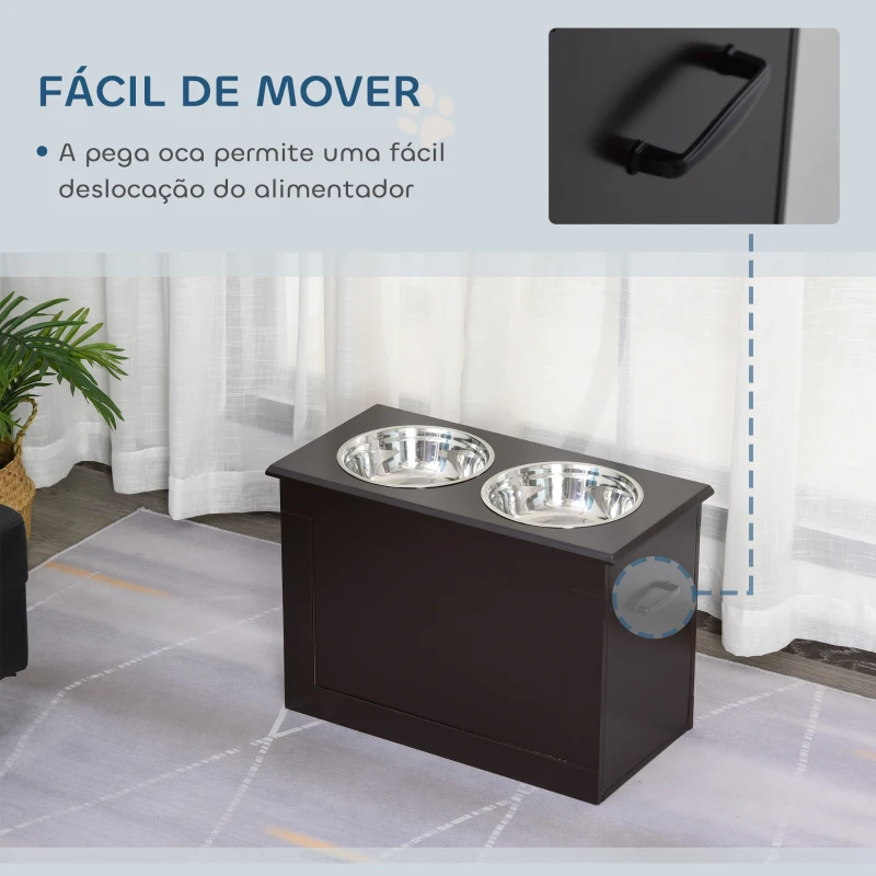 PawHut Comedouro Elevado para Cães com 2 Tigelas de Aço Inoxidável e Espaço de Armazenamento Oculto 60x30x41 cm Castanho Escuro