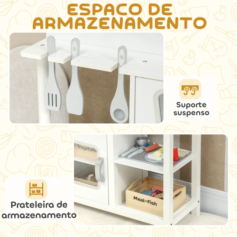 AIYAPLAY Cozinha de Brincar em Madeira com Som Acessórios Lava-Loiças Micro-Ondas e Fogão 55x24x86 cm Branco