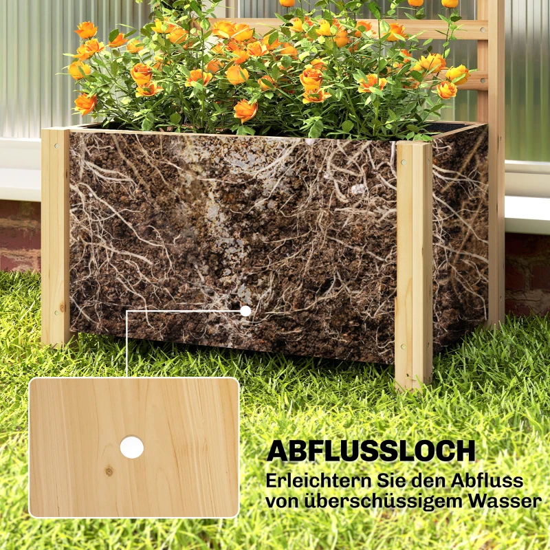 Outsunny Verhoogde plantenbak met trellis van hout, afwateringsgat & geotextielvoering 60 x 39 x 120 cm natuurlijk hout