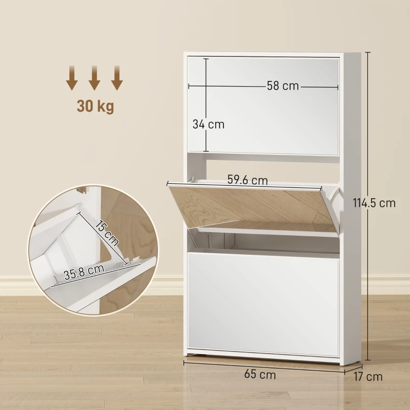 HOMCOM Scarpiera a Specchio con 3 Cassetti a Ribalta per 9 Paia di Scarpe, in Legno, 65x17x114.5 cm, Bianco
