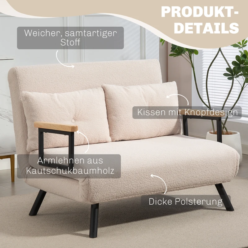 HOMCOM Schlafsofa 2er-Sofa Samtsofa, Schlaffunktion, inkl. 2 Kissen, Samtoptik, Natur + Beige + Schwarz