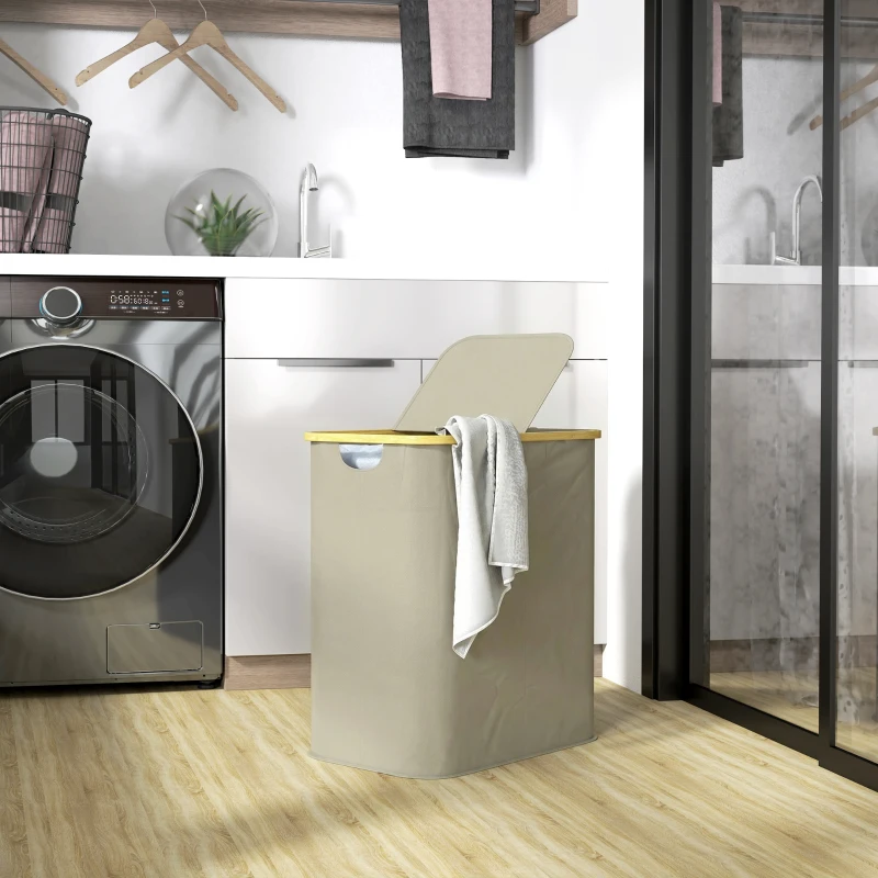 HOMCOM Cesto porta biancheria doppio pieghevole 80 L, con coperchio, maniglie scanalate, beige