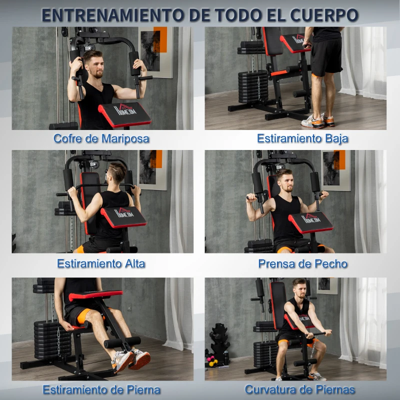 HOMCOM Máquina de Musculación con Pesas Ajustables de 65 kg Prensa de Pecho y Piernas Polea 135x103x210 cm Negro