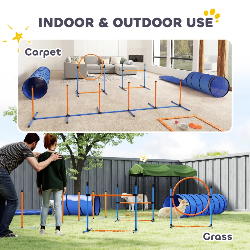 PawHut Set Agility pentru câini, 11 piese, echipament Agility pentru câini cu 2 tuneluri, înălțime reglabilă, cerc de sărit și obstacole, stâlpi slalom