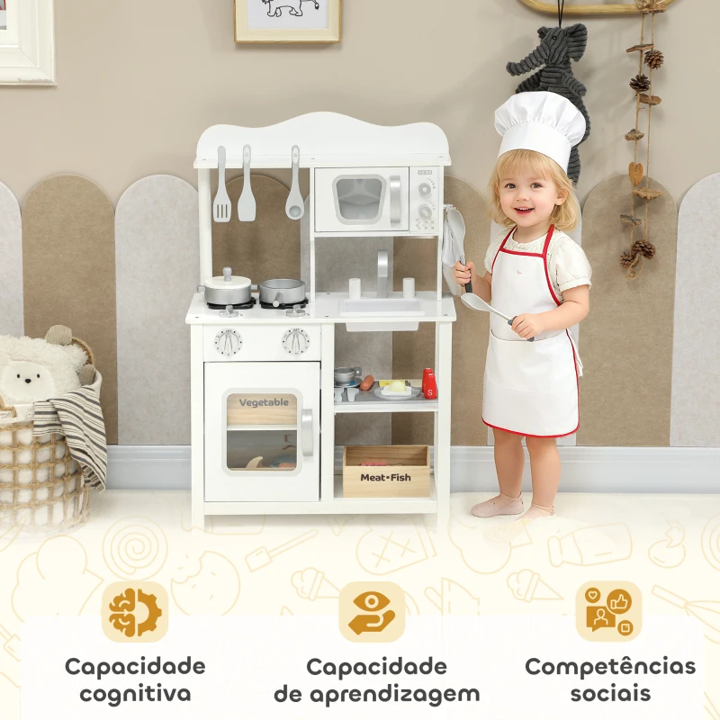 AIYAPLAY Cozinha de Brincar em Madeira com Som Acessórios Lava-Loiças Micro-Ondas e Fogão 55x24x86 cm Branco