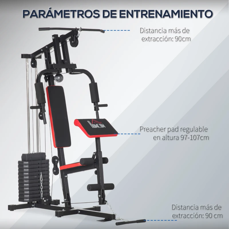 HOMCOM Máquina de Musculación con Pesas Ajustables de 65 kg Prensa de Pecho y Piernas Polea 135x103x210 cm Negro