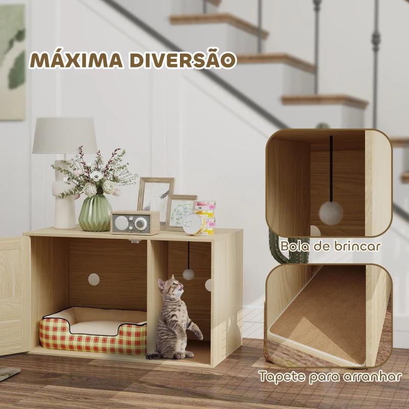 PawHut Móvel Caixa de Areia para Gatos Caixa de Areia para Gatos com Tapete de Arranhar e Porta de Vime 80x50x50 cm Branco