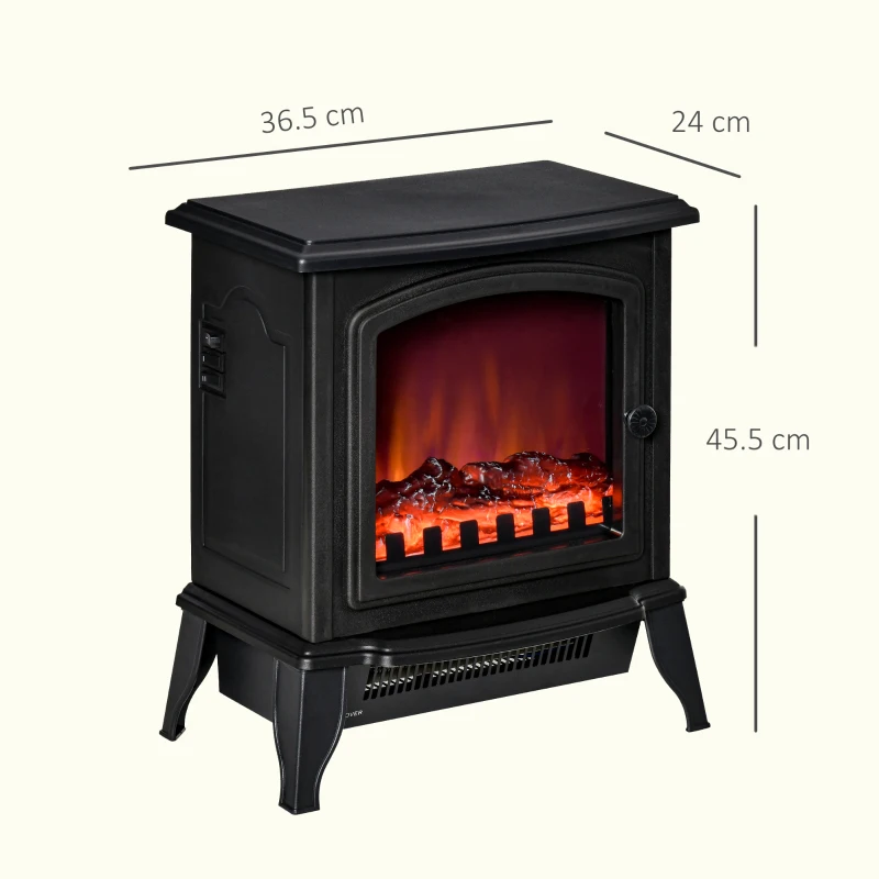 HOMCOM Camino Elettrico Portatile 1000W/2000W con Effetto Fiamma, in ABS e Vetro Temperato, 36.5x24x45.5 cm, Nero