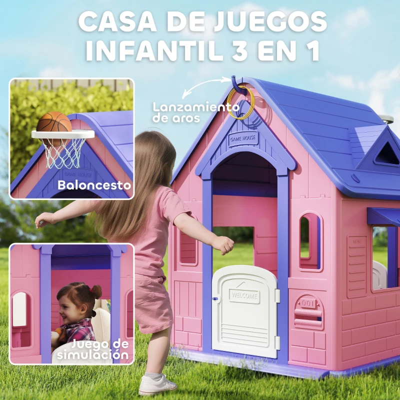 AIYAPLAY Casita Infantil Exterior e Interior 3 en 1 con Lanzamiento de Aros Baloncesto para Niños de 2-5 Años Rosa y Morado